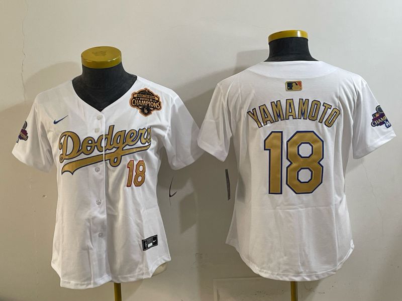 Women Los Angeles Dodgers #18 Yamamoto White Gold 2026 Nike Game MLB Jersey 001